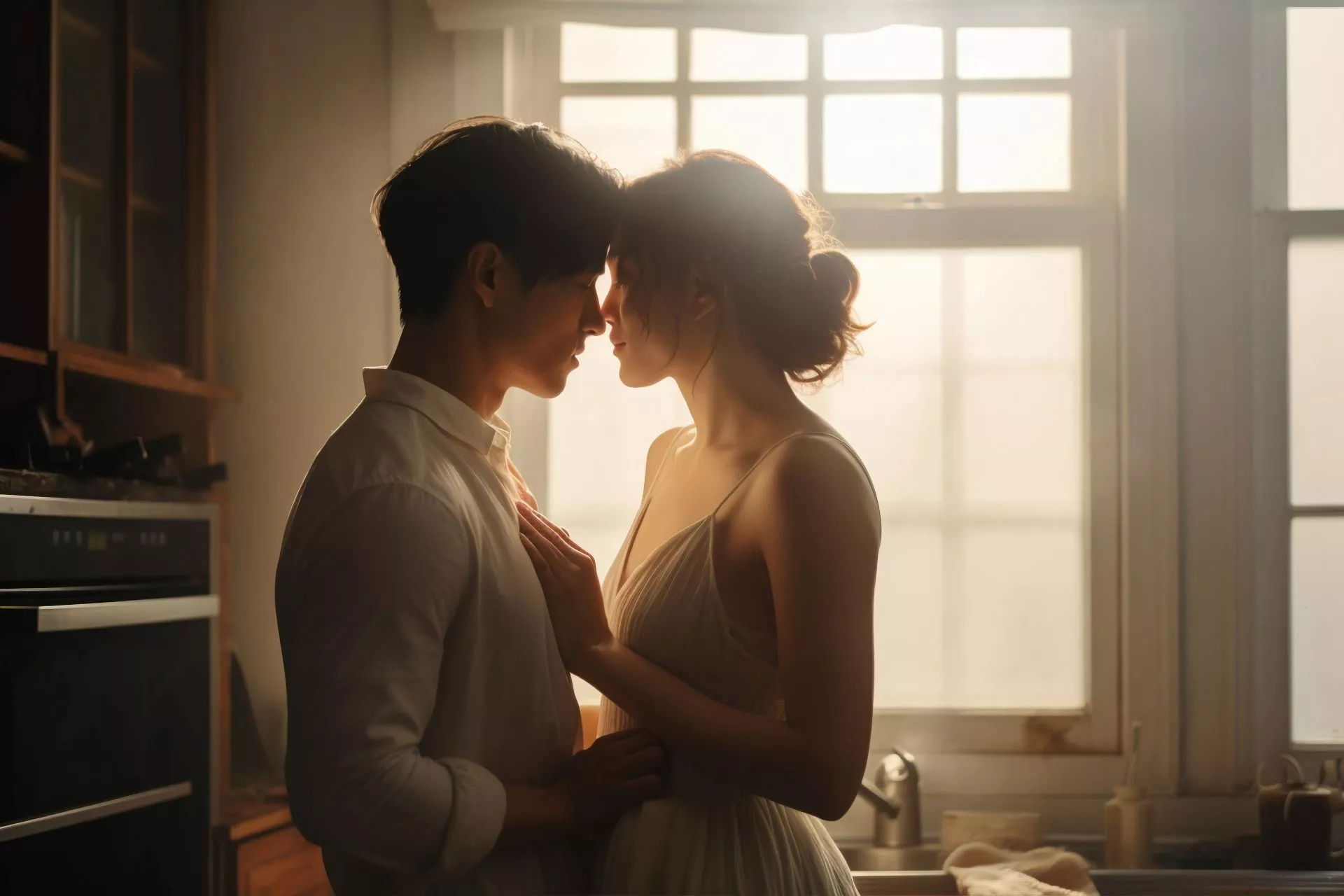 情侶在室內窗邊溫暖光線下親密互動的畫面，呈現曖昧氛圍與情感連結，象徵包養關係中的陪伴與相處情境